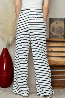 White Striped Casual Drawstring Wide Leg Pants with Pockets