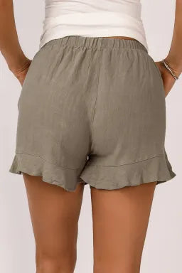 Khaki Casual Pocketed Ruffle High Waist Shorts