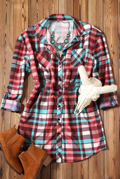 Carrie Multicolor Plaid Rolled Up Sleeve Button Up Flannel Dress
