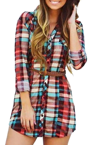 Carrie Multicolor Plaid Rolled Up Sleeve Button Up Flannel Dress