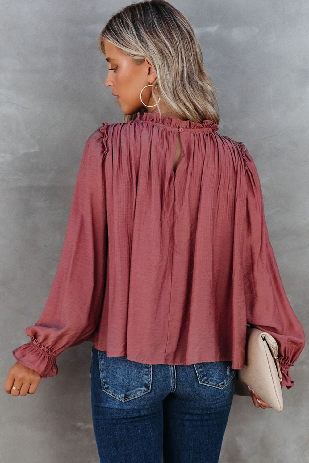 Cora Red Plain Round Neck Pullover Long Sleeve Blouse