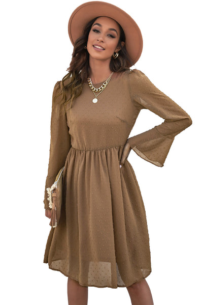 Kendra Khaki Swiss Dot Bell Sleeve Casual Kness Length Dress