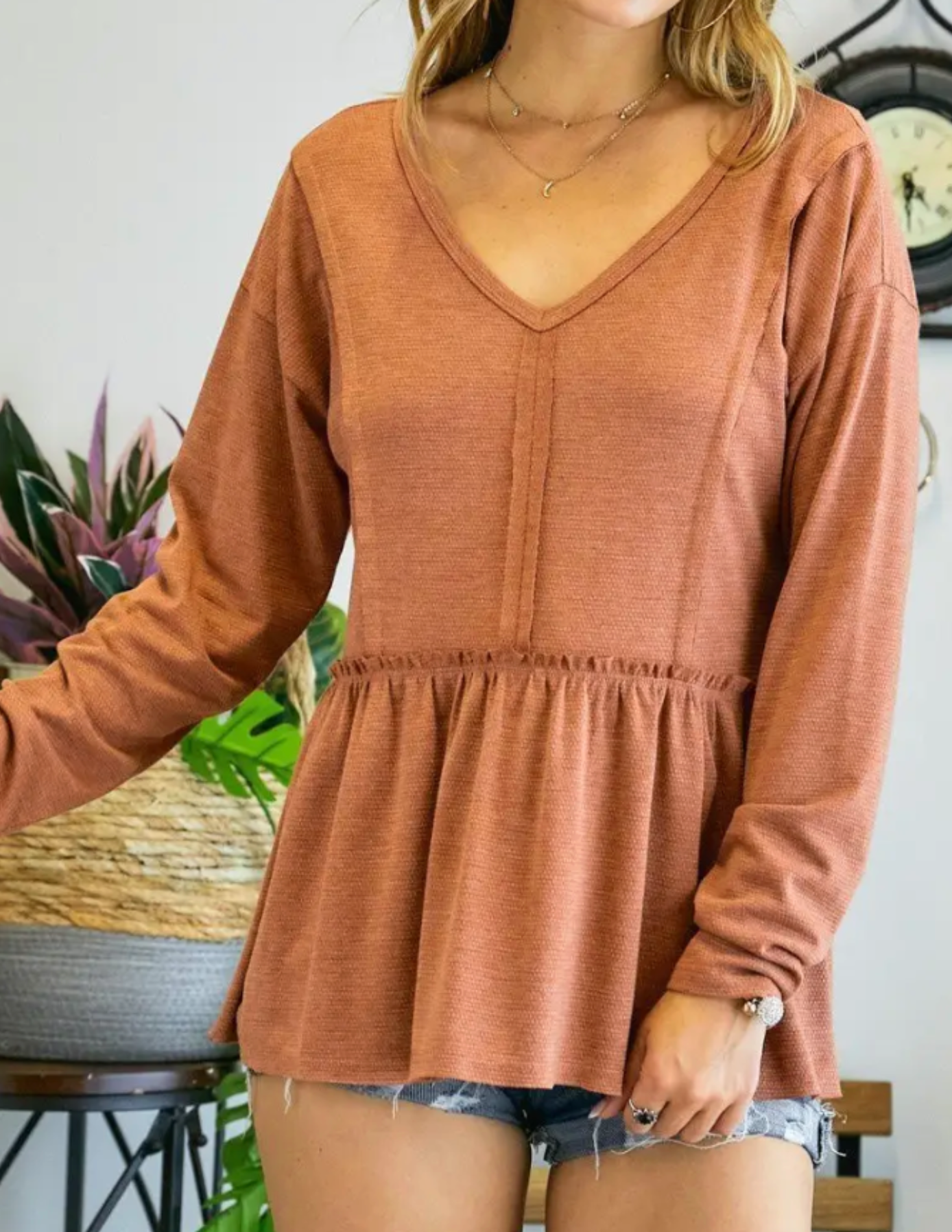Lulu V-Neck Long Sleeve Top - Rust